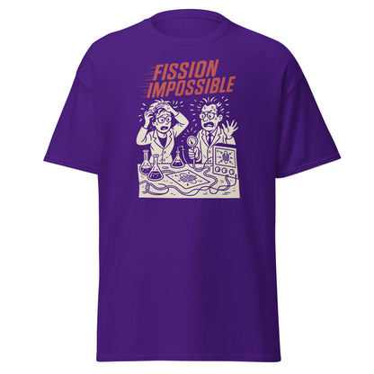 Purple t-shirt with a graphic design and text 'FISSION IMPOSSIBLE' on a white background