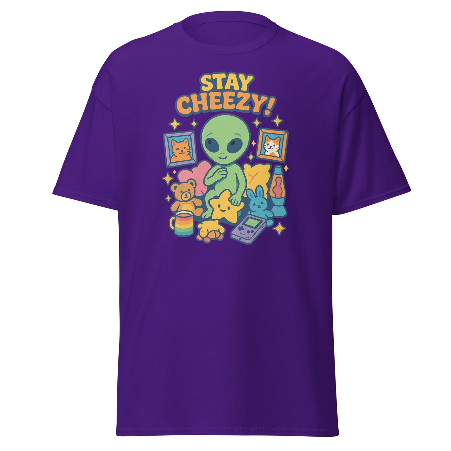 Purple t-shirt with colorful graphic and 'Stay Cheezy!' text on a white background