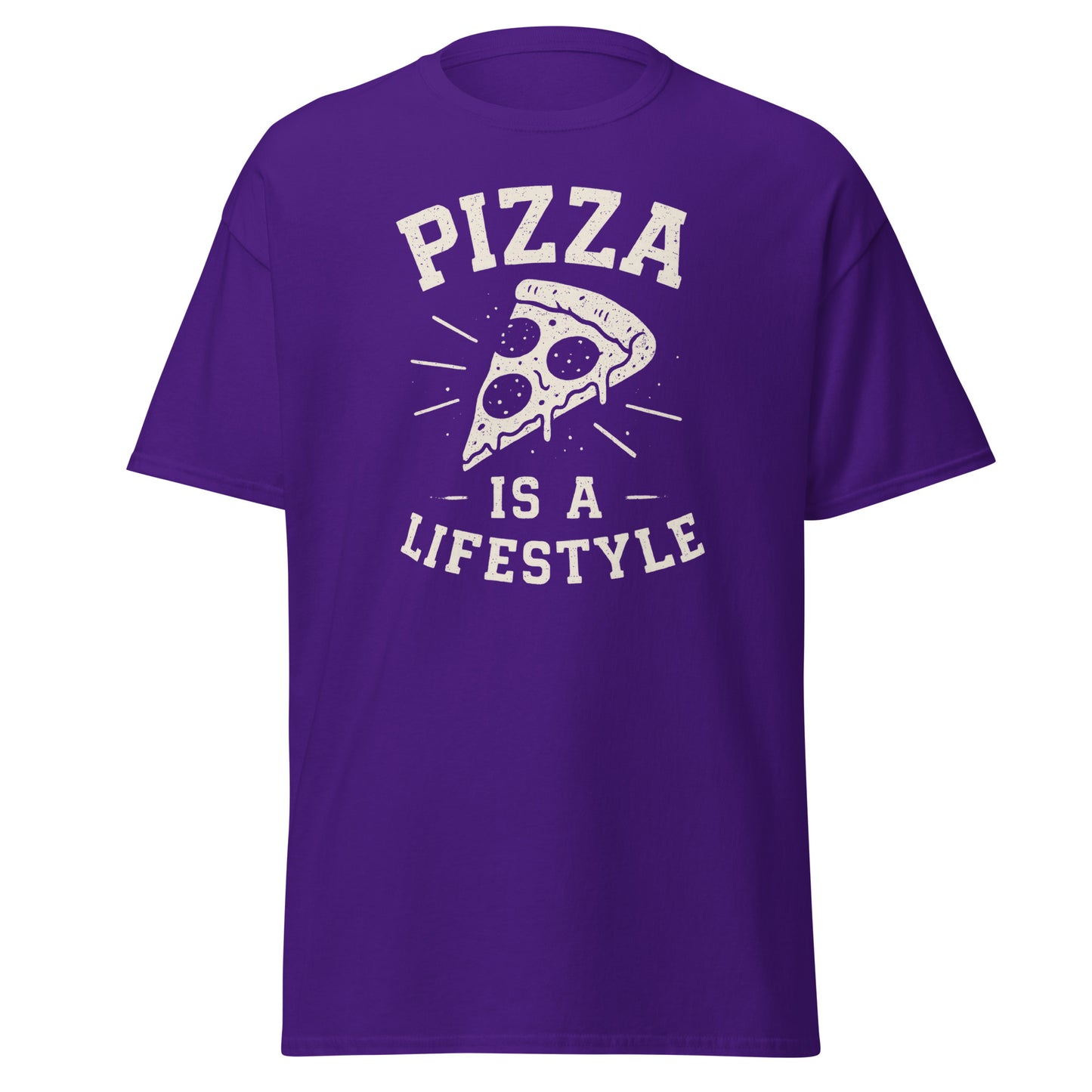Purple t-shirt with 'Pizza is a Lifestyle' text and pizza slice graphic on a white background
