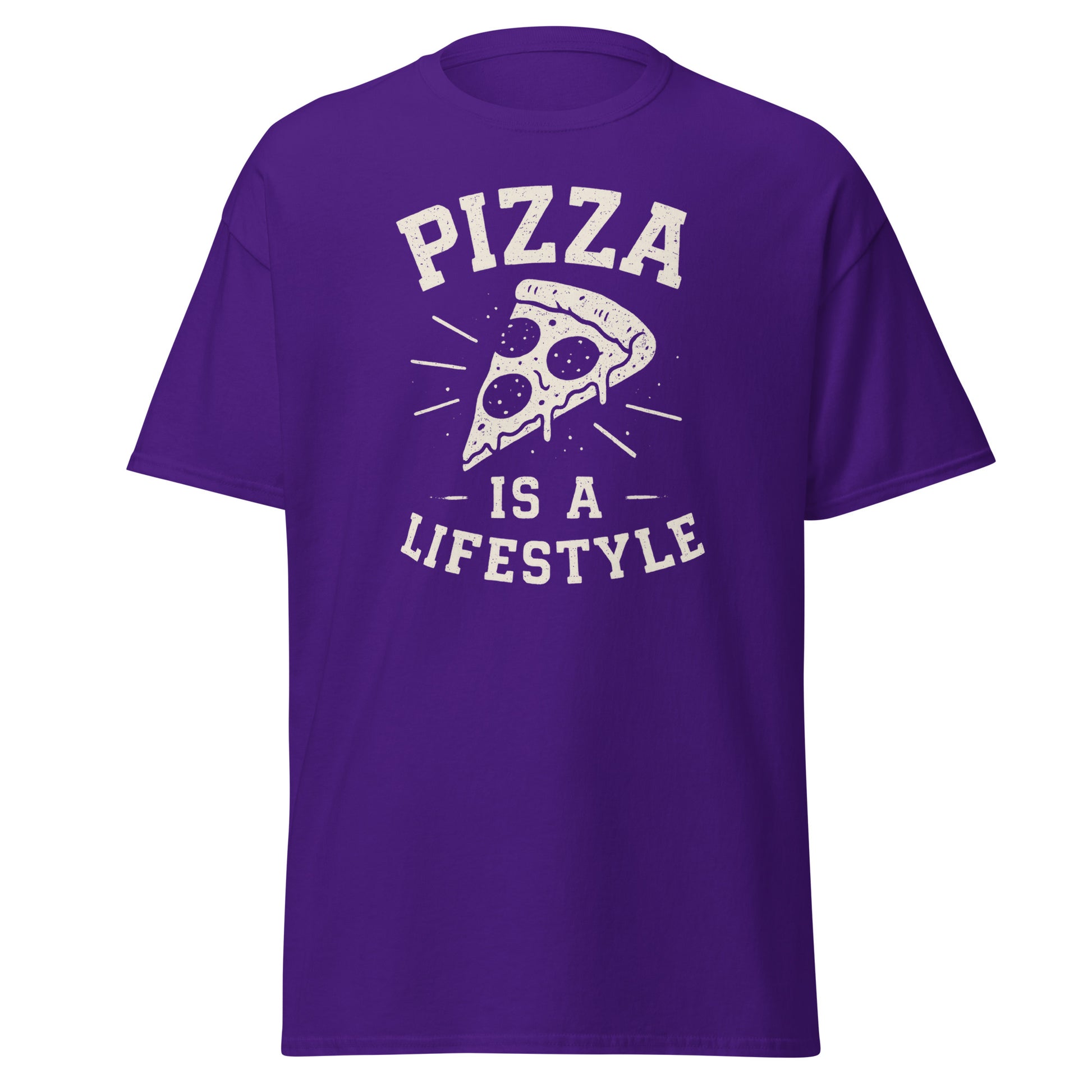 Purple t-shirt with 'Pizza is a Lifestyle' text and pizza slice graphic on a white background