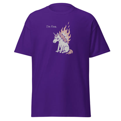 Purple t-shirt with a unicorn graphic and 'I'm fine.' text on a white background