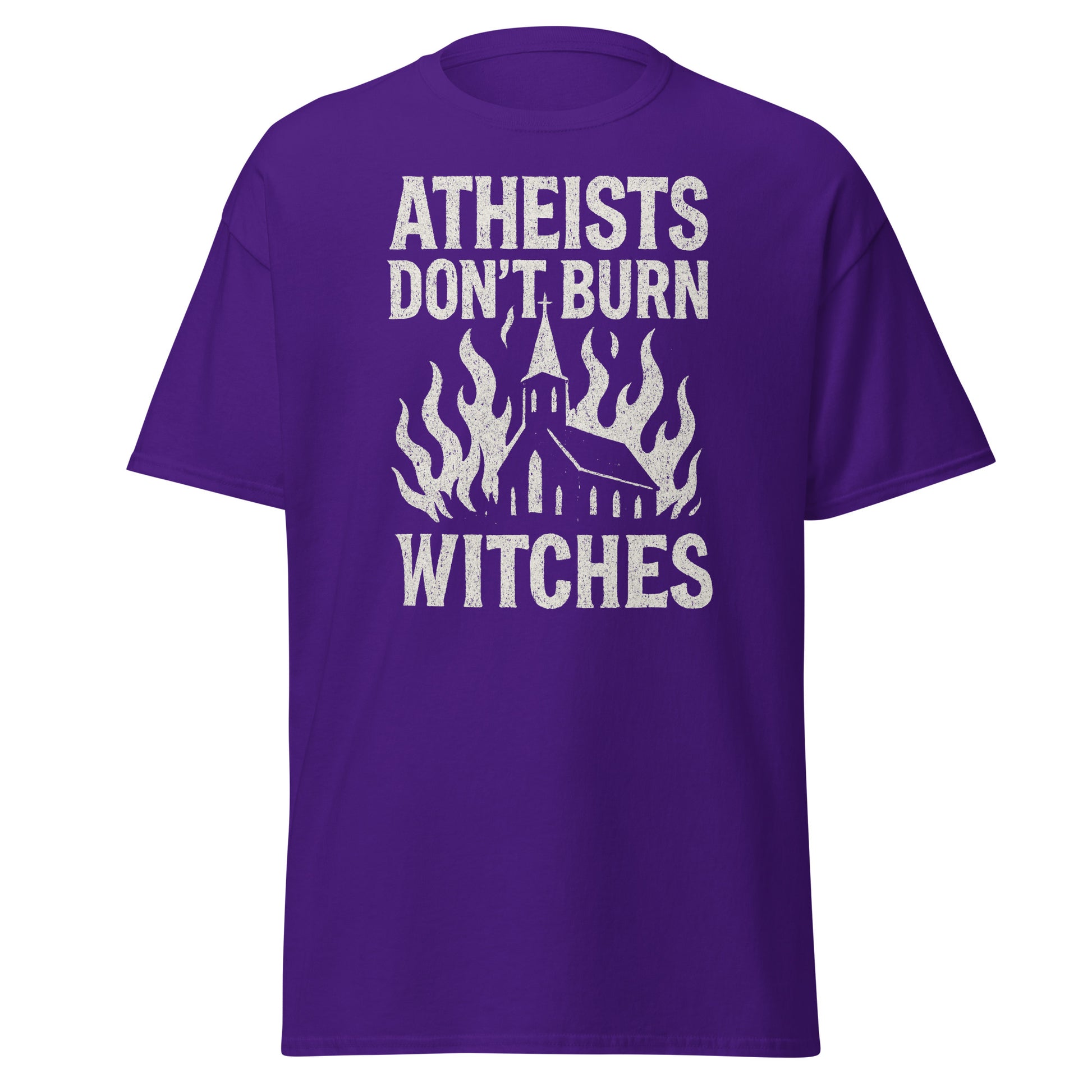 Purple t-shirt with white text and graphic design on a white background