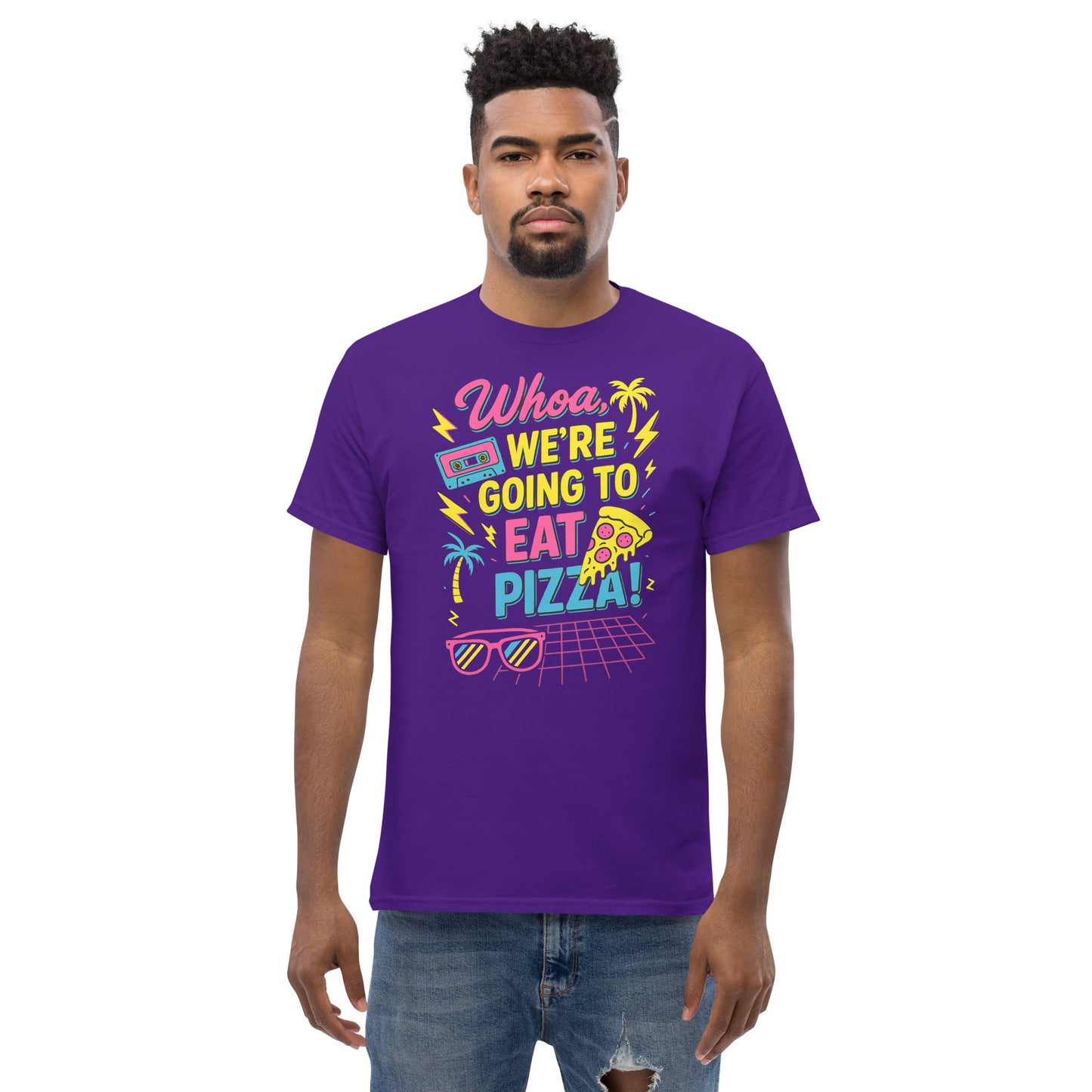 Man wearing a purple t-shirt with colorful text and graphics on a white background