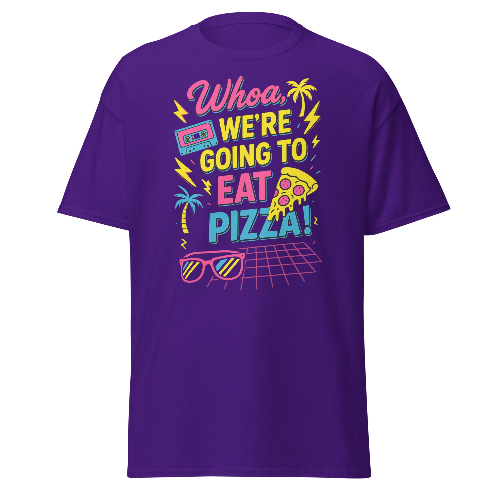 Purple t-shirt with colorful text and graphics on a white background