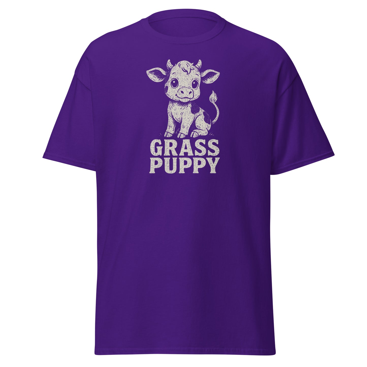 Purple t-shirt with a cow graphic and 'GRASS PUPPY' text on a white background