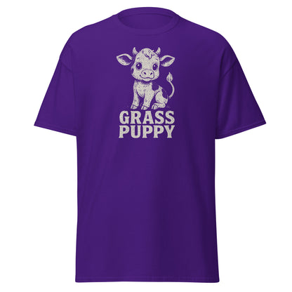 Purple t-shirt with a cow graphic and 'GRASS PUPPY' text on a white background