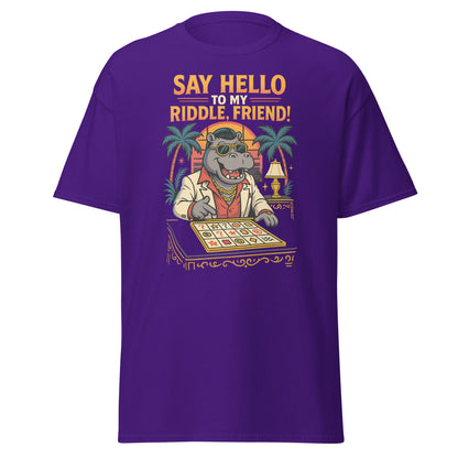 purple shirt with hippo playing a game and text "Say hello to my riddle, friend!"
