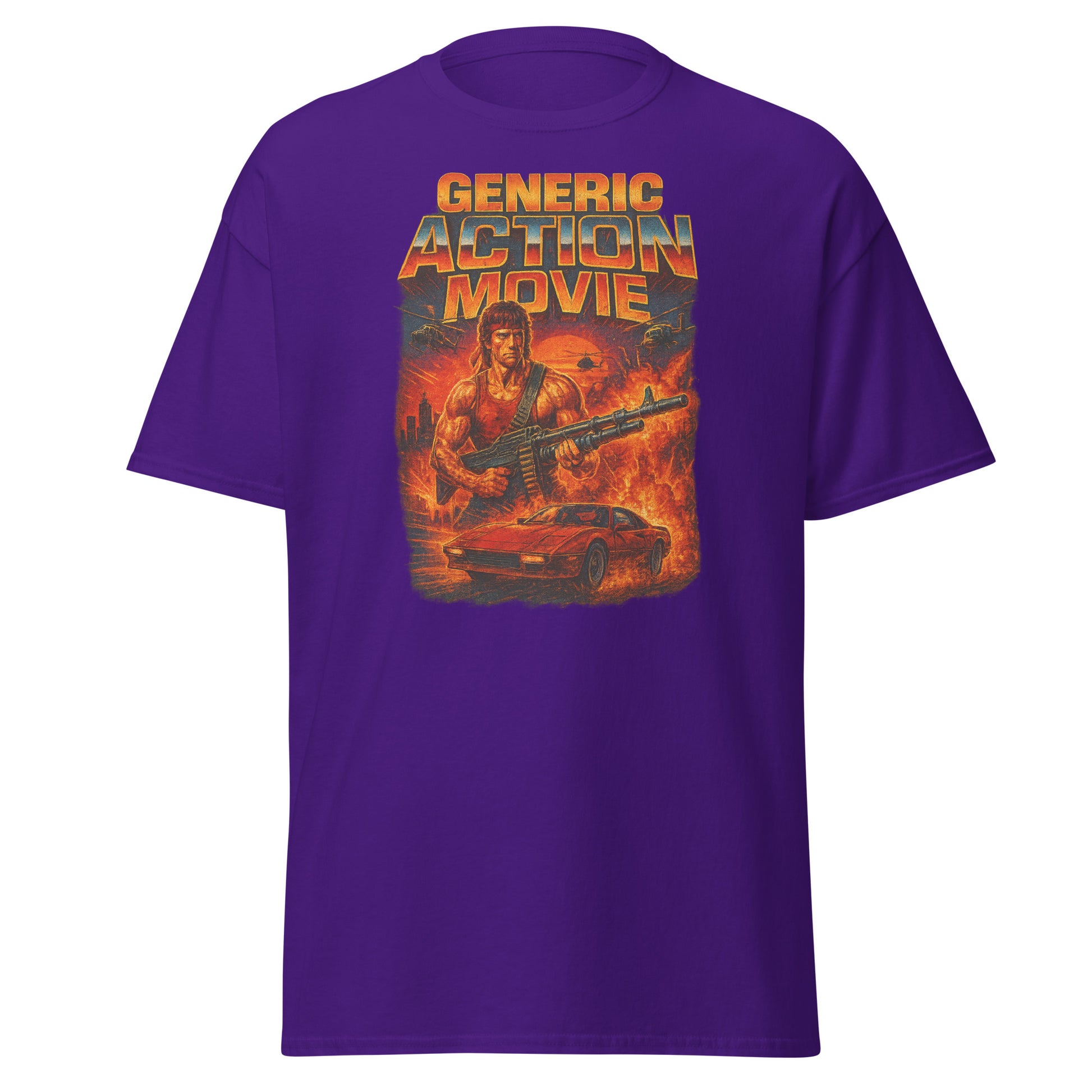 Purple t-shirt with 'Generic Action Movie' graphic design featuring a character with a gun and car.