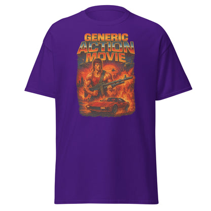 Purple t-shirt with 'Generic Action Movie' graphic design featuring a character with a gun and car.