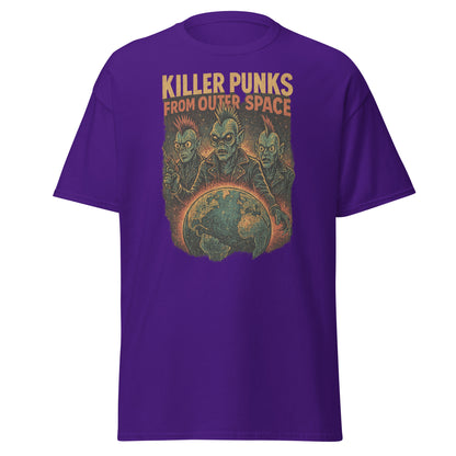 Purple t-shirt with alien graphic and text 'Killer Punks from Outer Space' on a white background