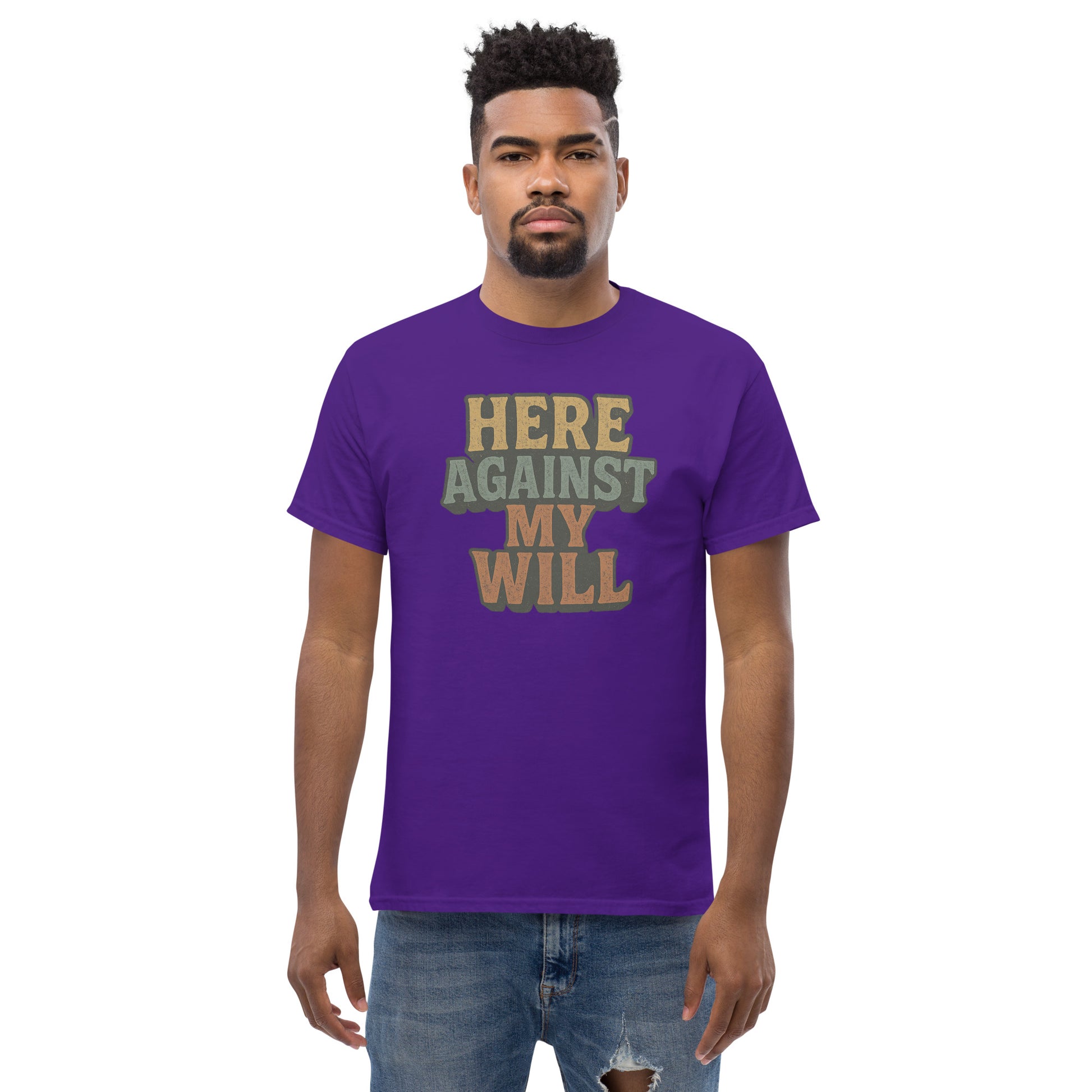 Man wearing a purple t-shirt with text on a white background