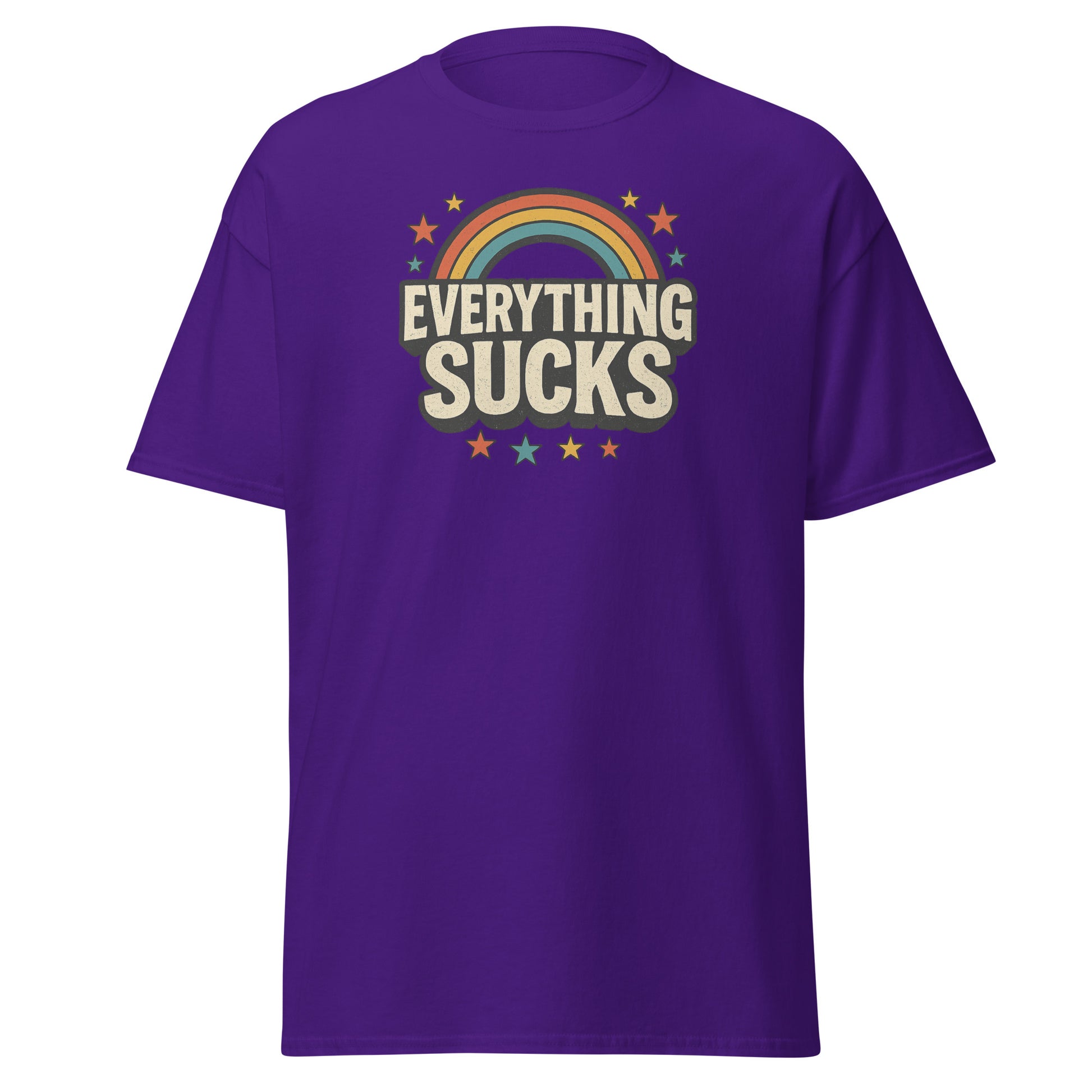 Purple t-shirt with 'Everything Sucks' graphic design on a white background