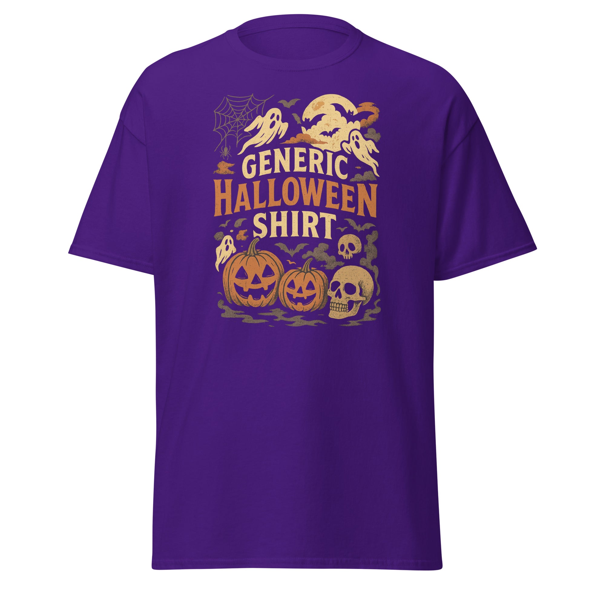 Purple t-shirt with Halloween-themed graphics and text on a white background