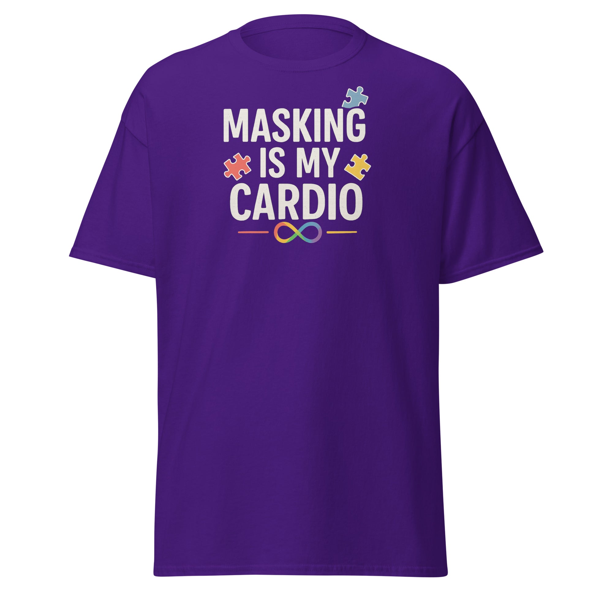 Purple t-shirt with 'Masking is my Cardio' text and puzzle piece graphics on a white background