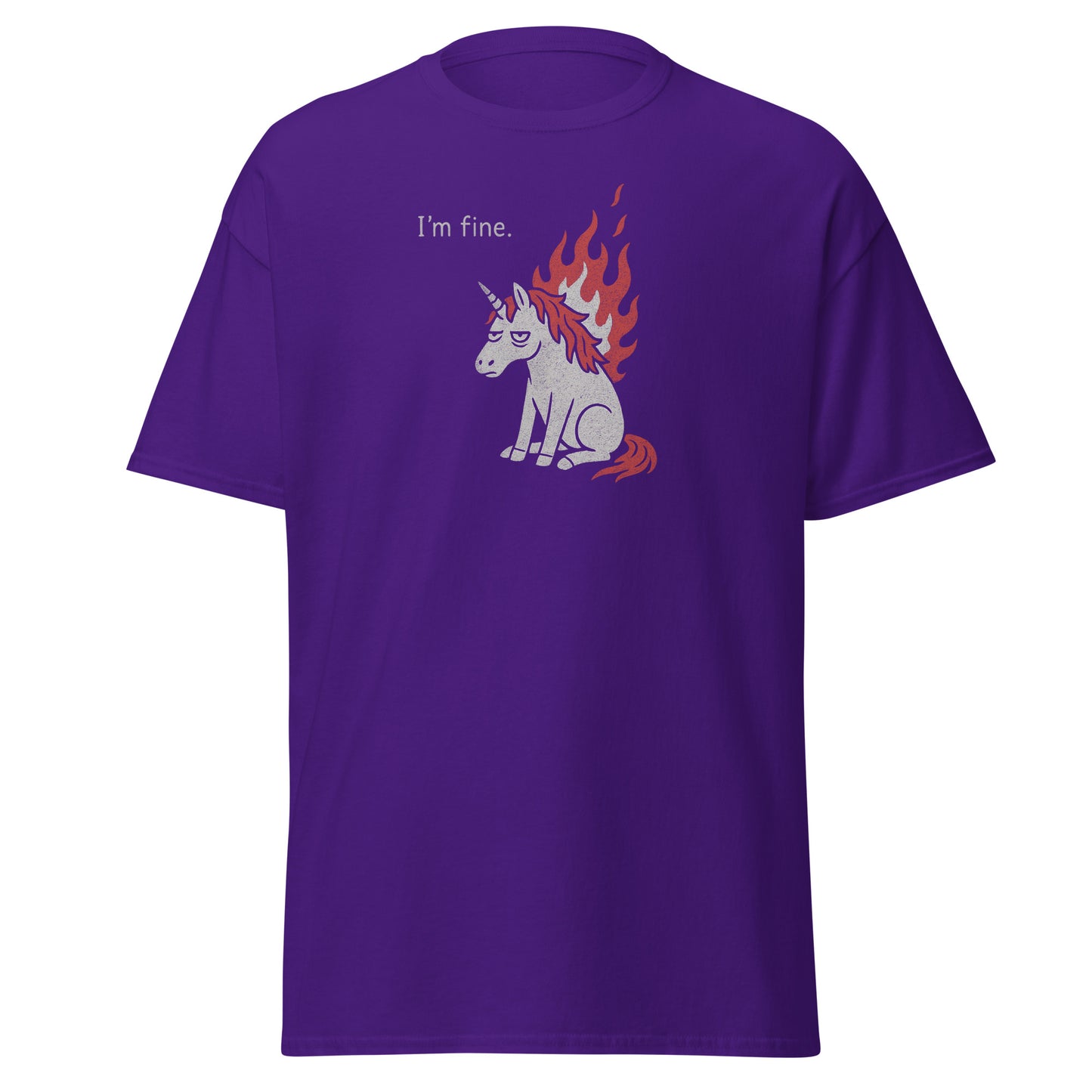 Purple t-shirt with a unicorn graphic and 'I'm fine.' text on a white background