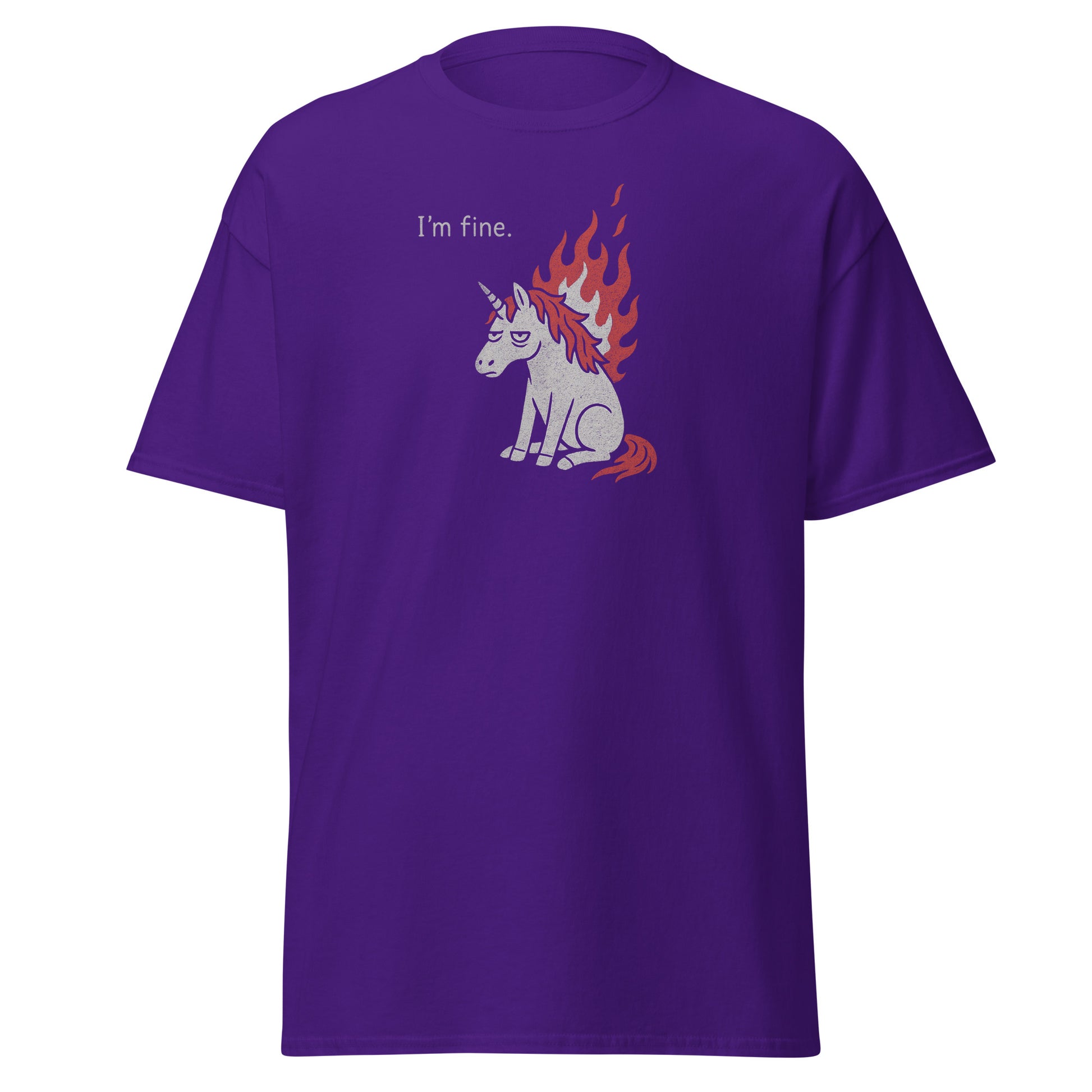 Purple t-shirt with a unicorn graphic and 'I'm fine.' text on a white background
