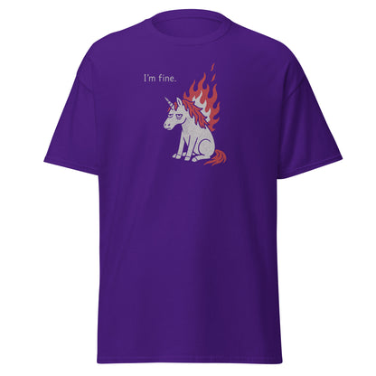 Purple t-shirt with a unicorn graphic and 'I'm fine.' text on a white background