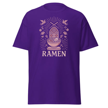 Purple t-shirt with ramen graphic and 'RAMEN' text on a white background