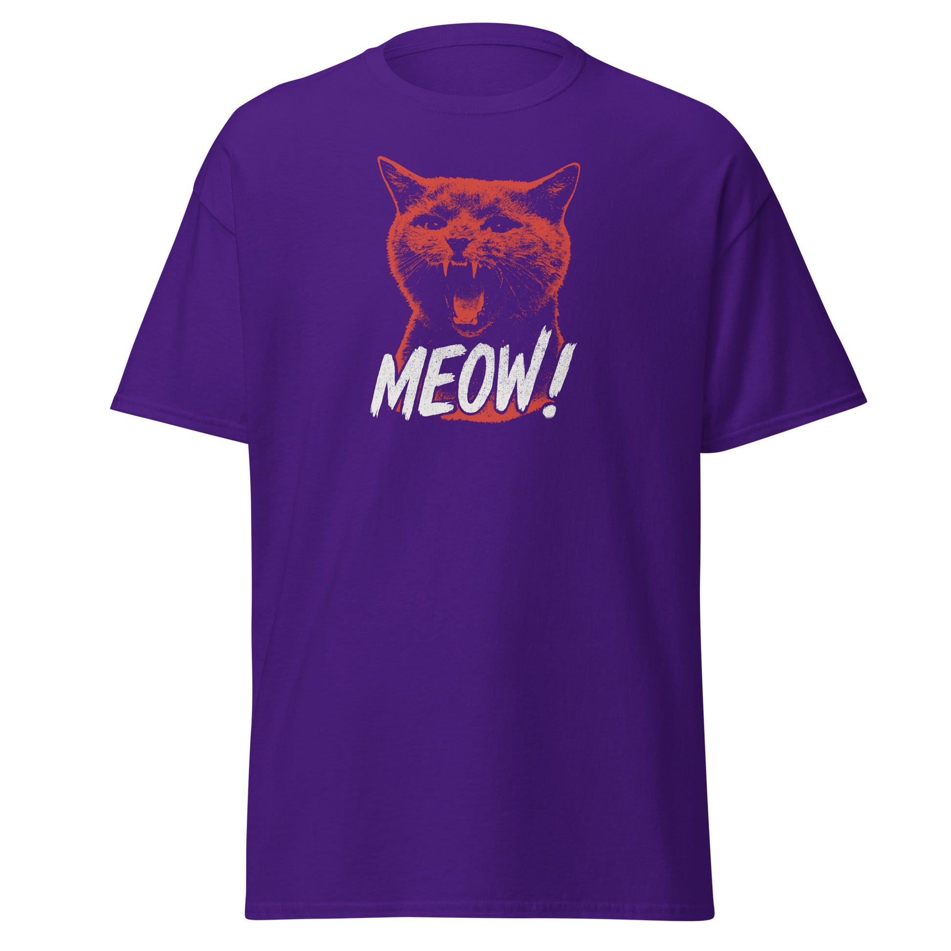 Purple t-shirt with a cat graphic and 'MEOW!' text on a white background