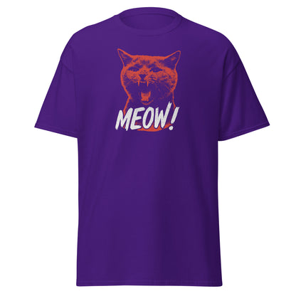 Purple t-shirt with a cat graphic and 'MEOW!' text on a white background
