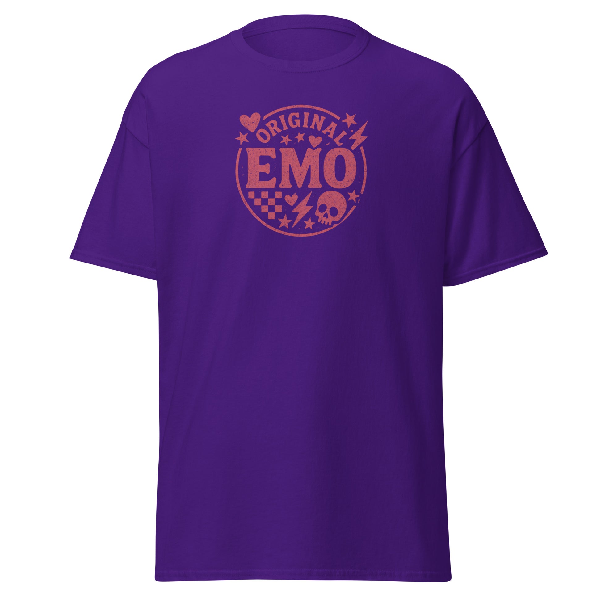 Purple t-shirt with 'Original Emo' design on a white background