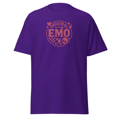 Purple t-shirt with 'Original Emo' design on a white background