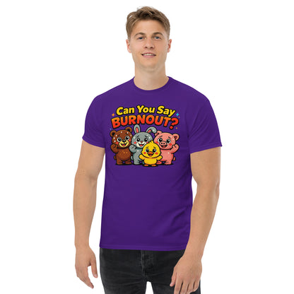 A man wearing a purple short-sleeve t-shirt with a colorful cartoon graphic of five bears and the text 'Can You Say BURNOUT?'.