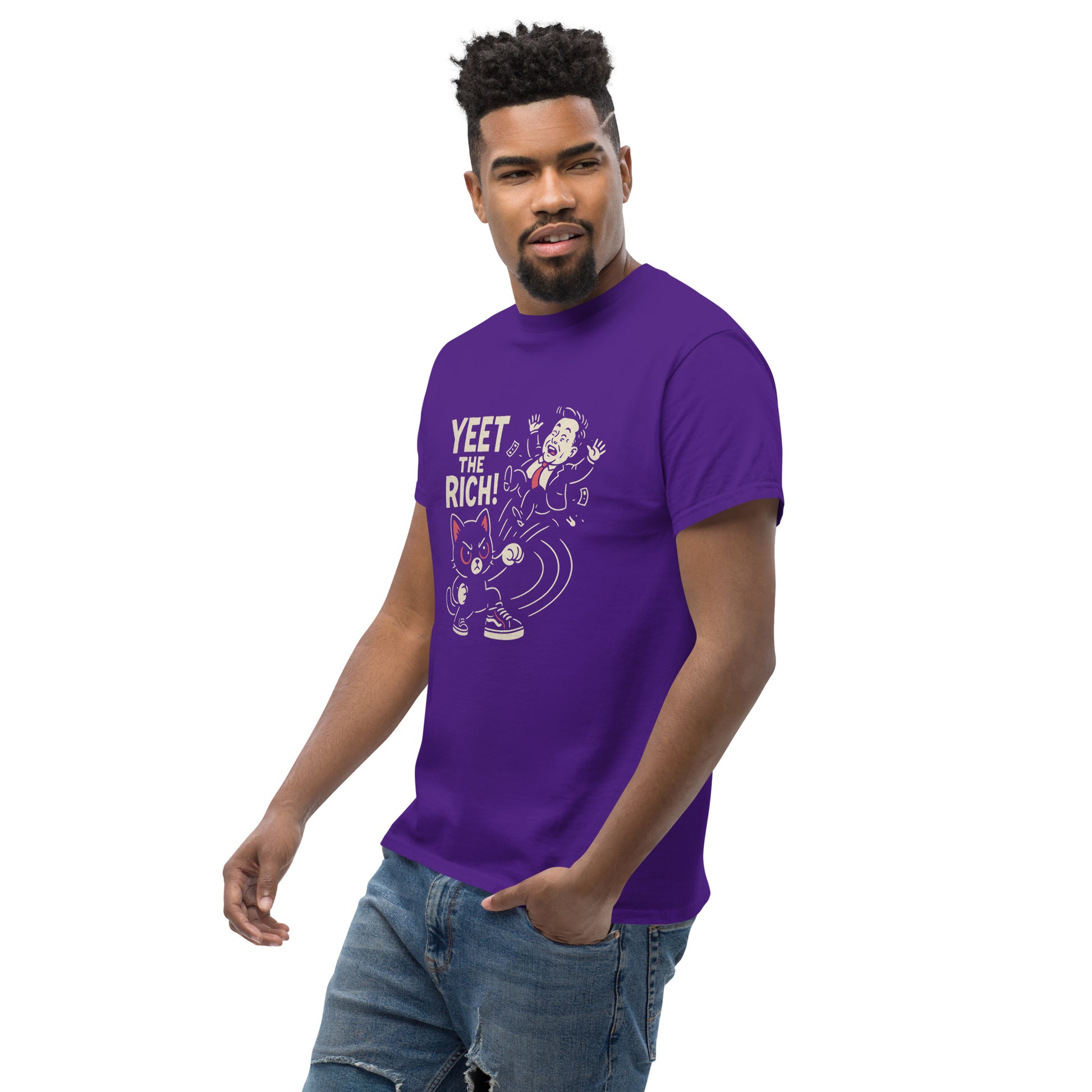 Man wearing a purple t-shirt with graphic design and text on a white background