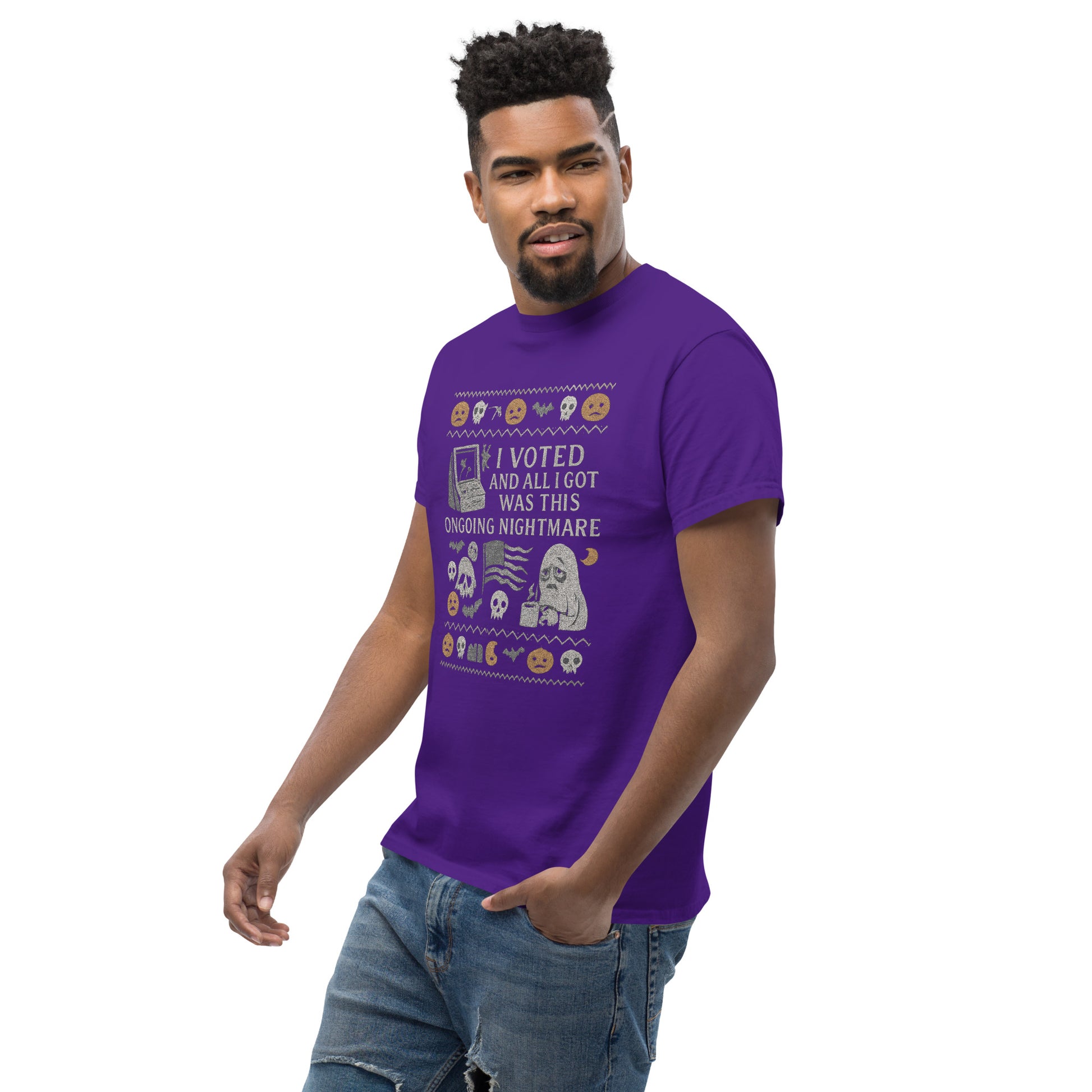 Man wearing a purple t-shirt with text and graphics on a white background