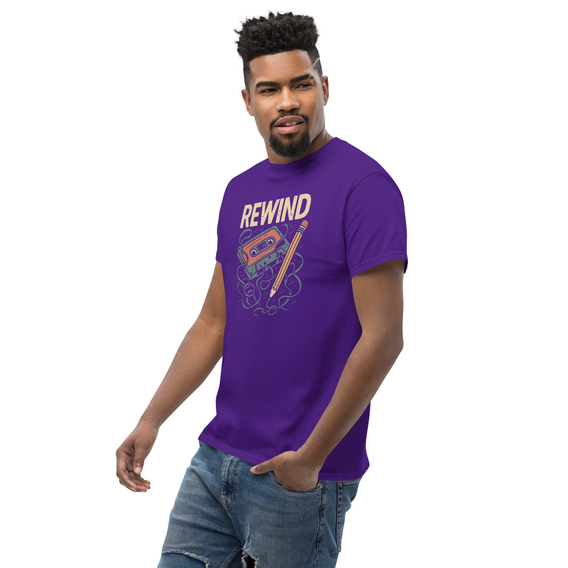 Man wearing a purple t-shirt with 'REWIND' design on a white background