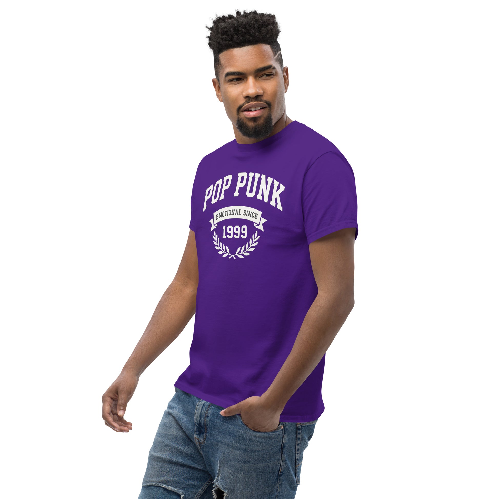 Man wearing a purple 'Pop Punk' t-shirt on a white background
