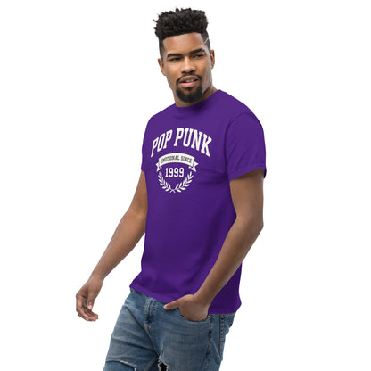 Man wearing a purple 'Pop Punk' t-shirt on a white background
