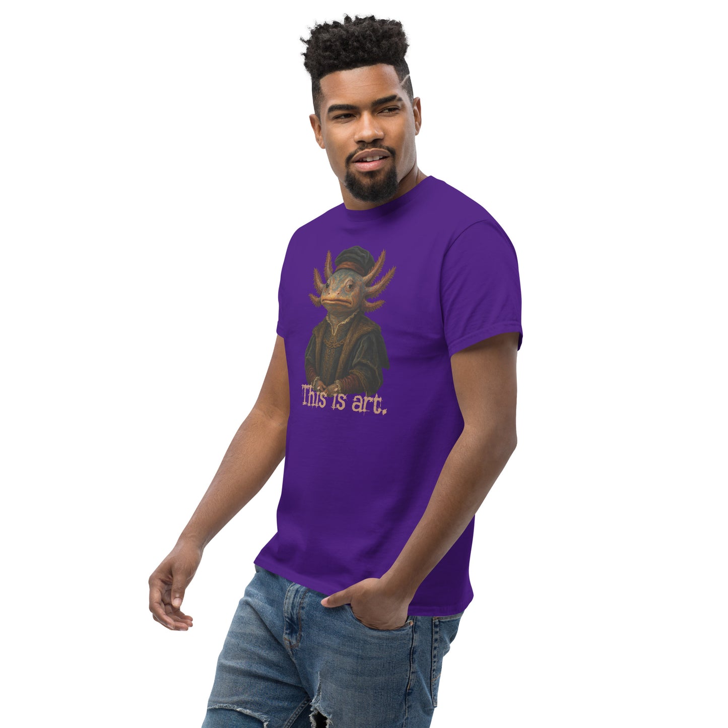 Man wearing a purple t-shirt with a graphic design and text on a white background