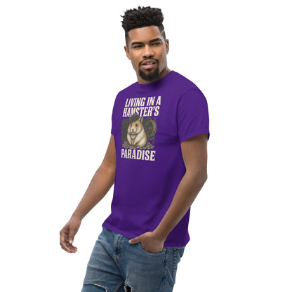 Man wearing a purple t-shirt with a graphic and text on a white background