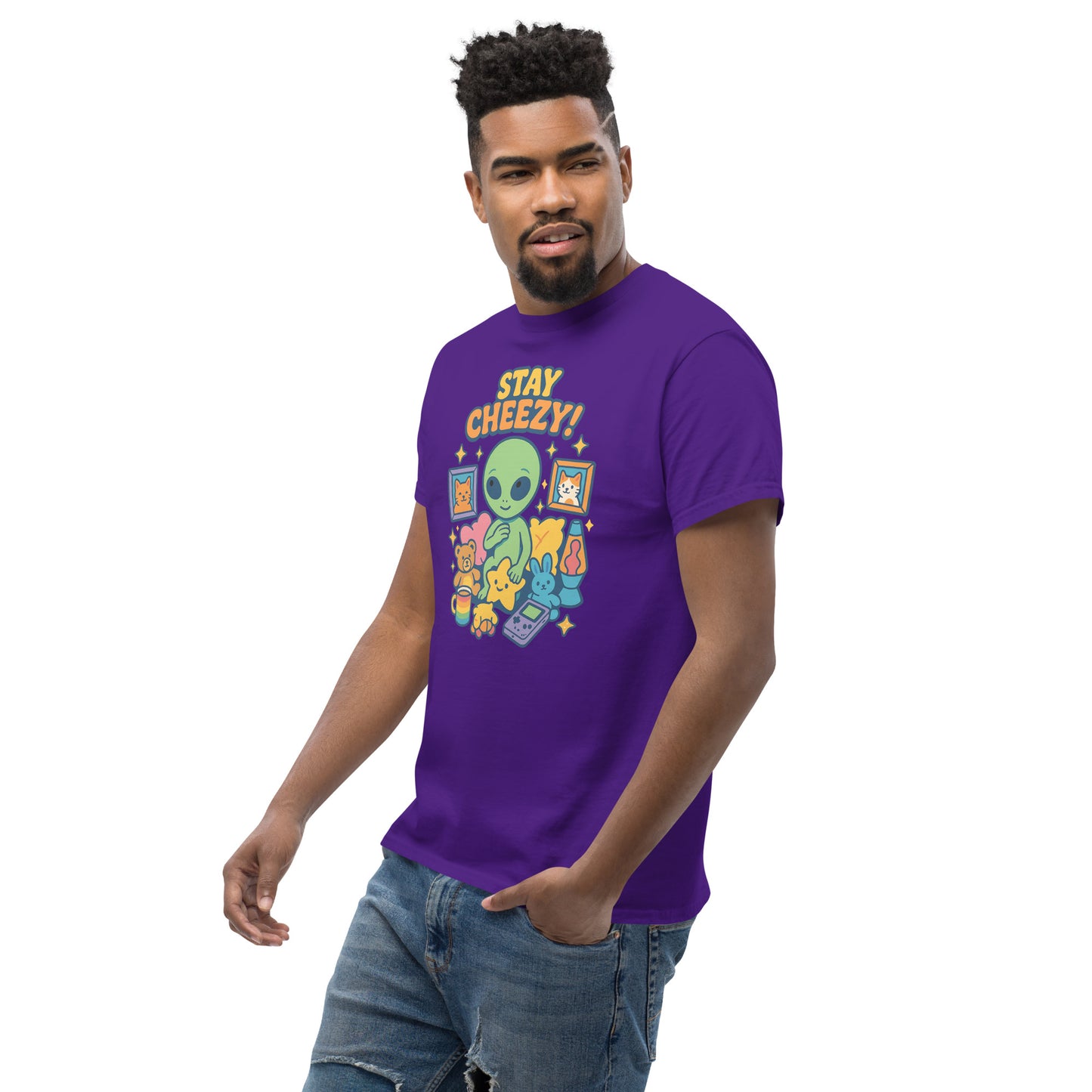 Man wearing a purple t-shirt with colorful graphics and text on a white background