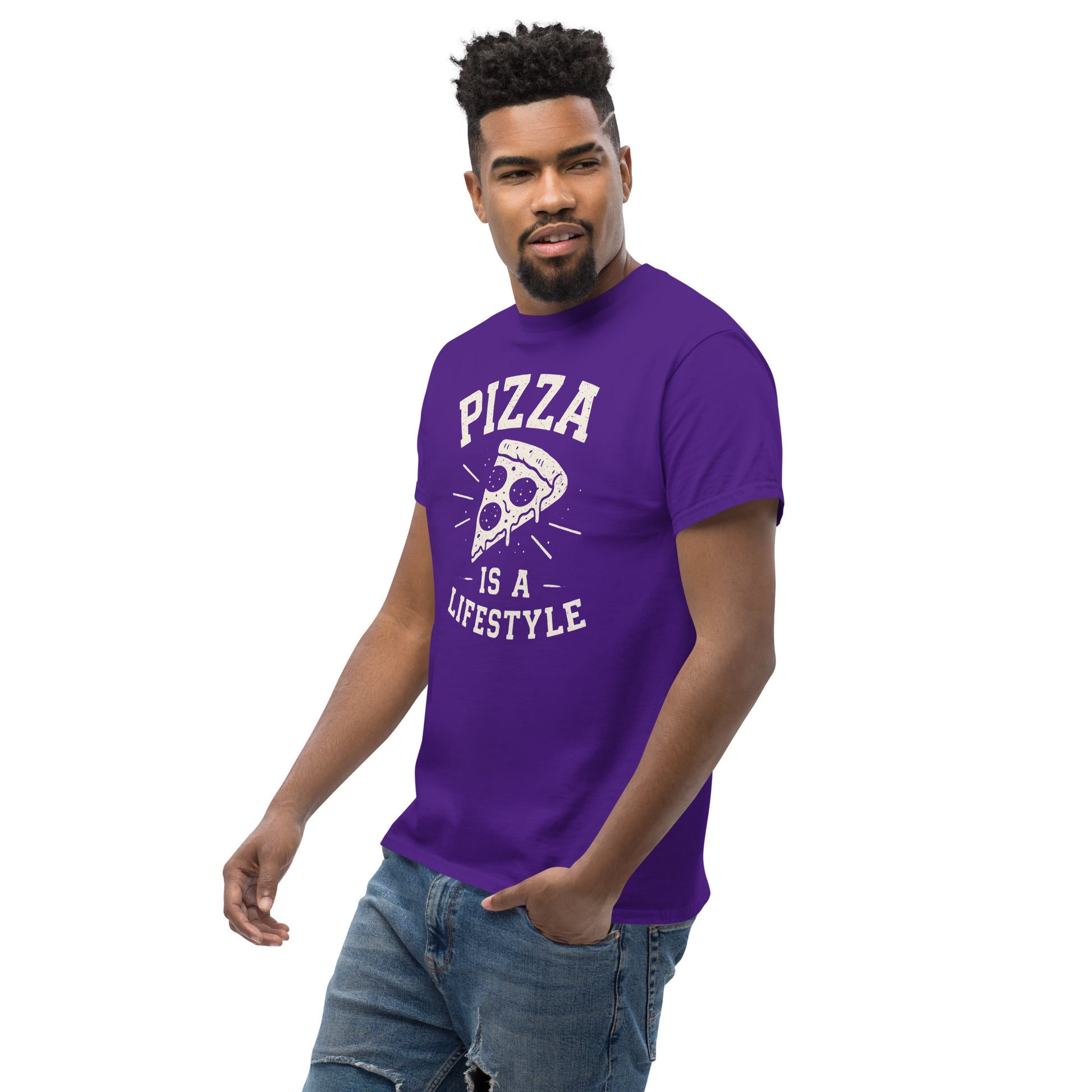 Man wearing a purple t-shirt with 'Pizza is a Lifestyle' text and graphic on a white background