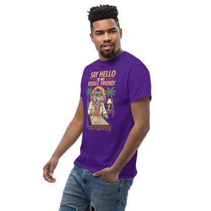 man wearing purple shirt with hippo playing a game and text "Say hello to my riddle, friend!"
