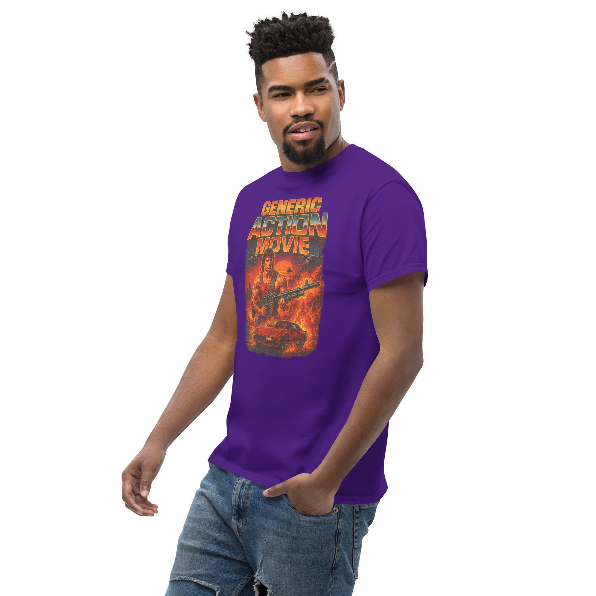 Man wearing a purple t-shirt with a graphic design on a white background