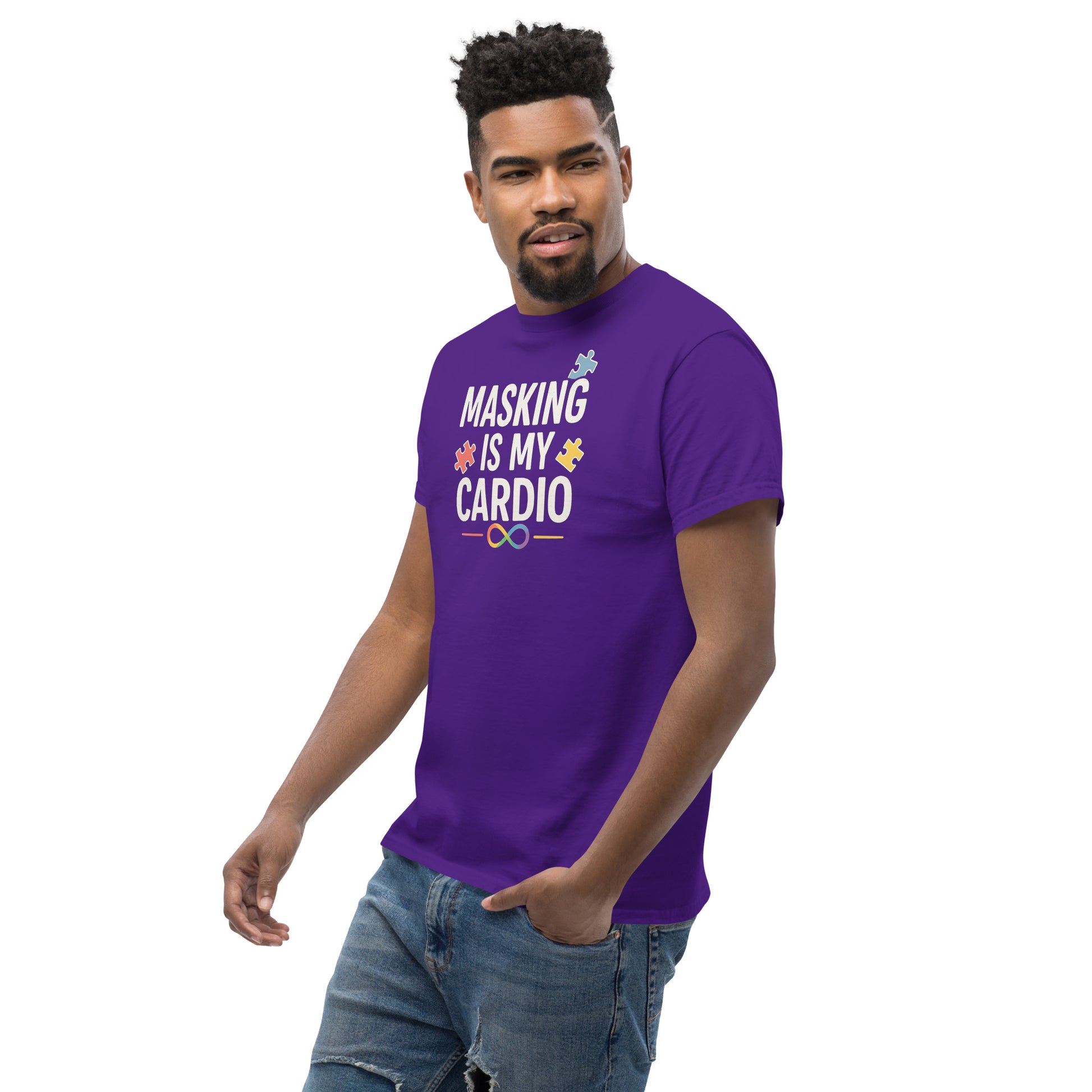 Man wearing a purple t-shirt with text and graphics on a white background