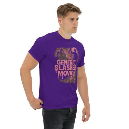 Man wearing a purple t-shirt with 'Generic Slasher Movie' graphic design on a white background