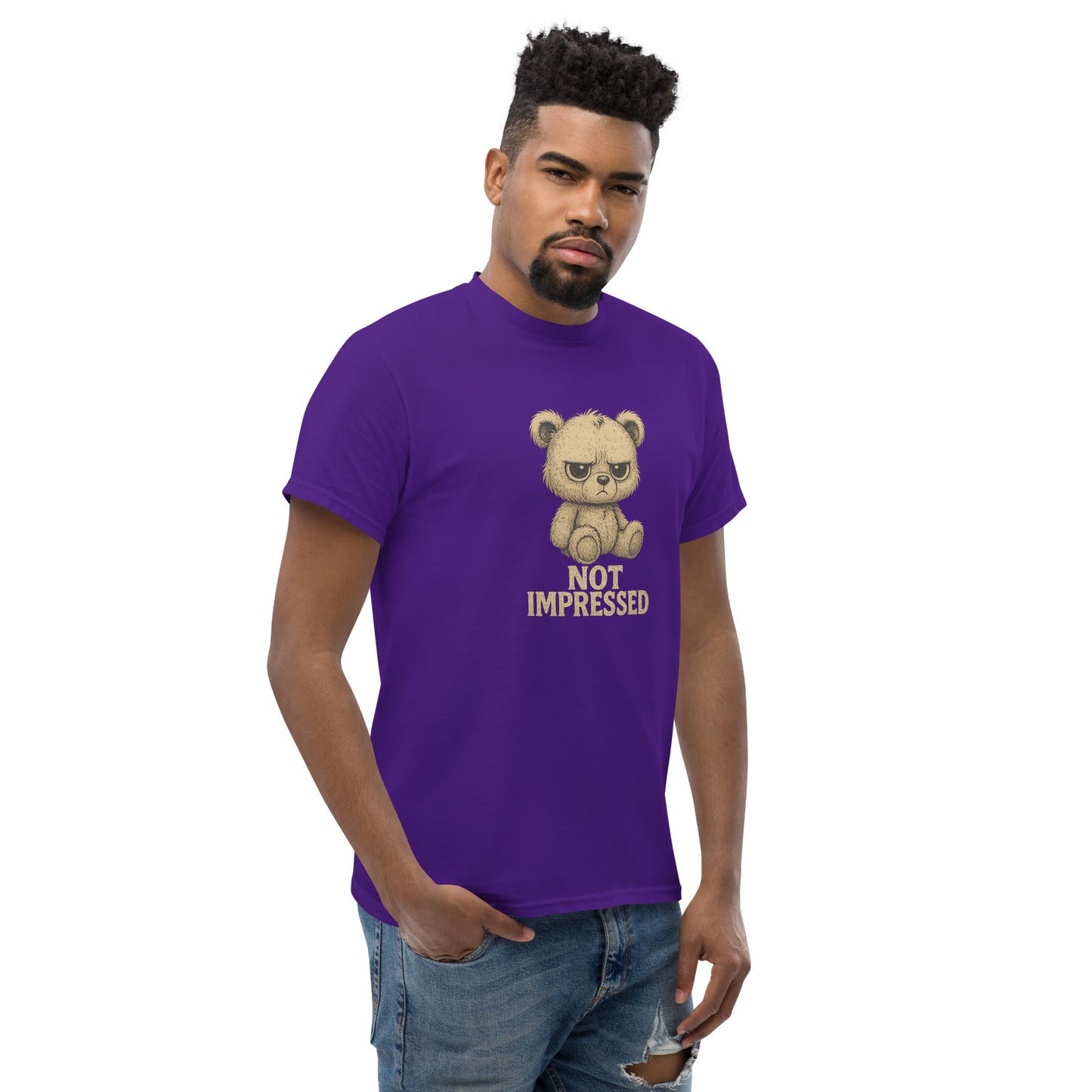 Man wearing a purple t-shirt with a bear graphic and text on a white background