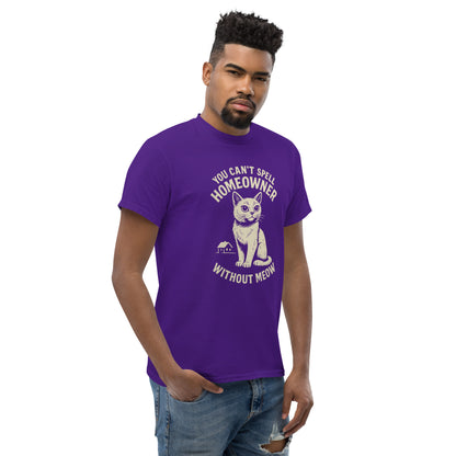 Man wearing a purple t-shirt with a cat graphic and text on a white background