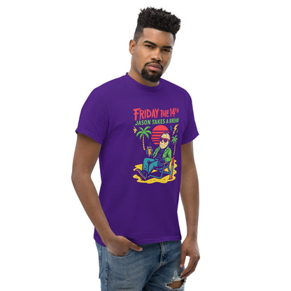 Man wearing a purple t-shirt with a graphic design on a white background
