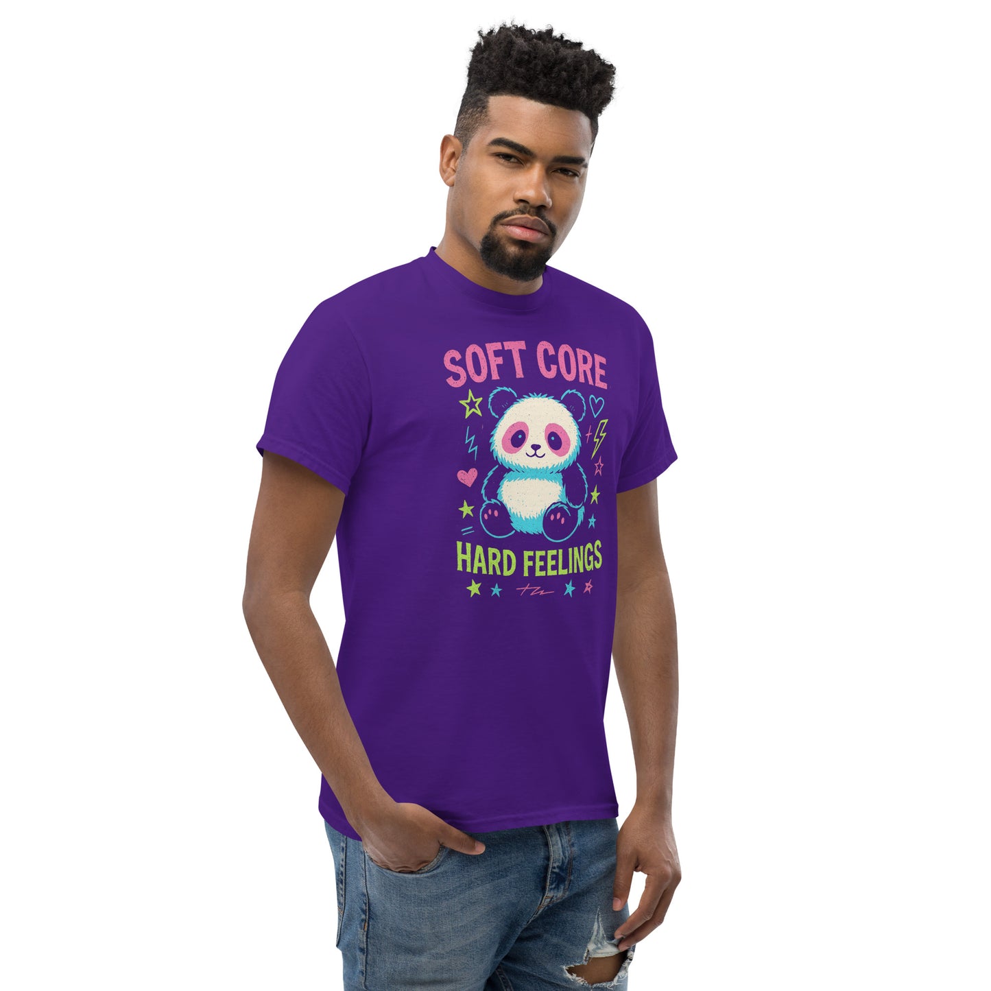 Man wearing a purple t-shirt with a panda graphic and text on a white background