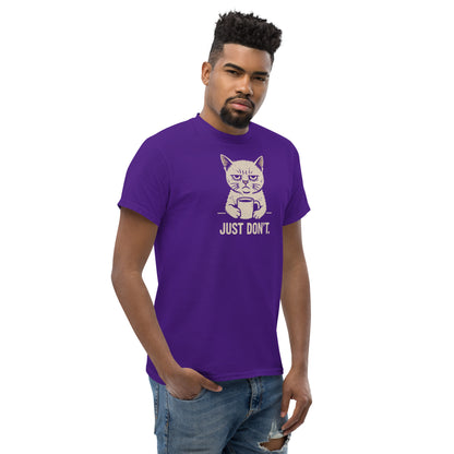 Man wearing a purple t-shirt with a graphic and text on a white background