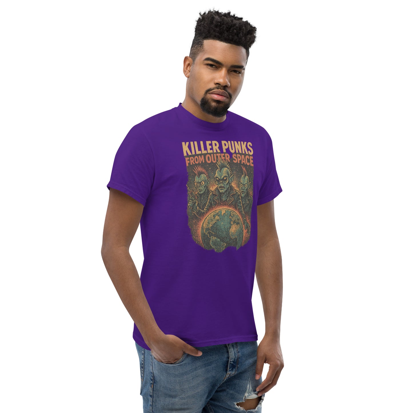 Man wearing a purple t-shirt with graphic design and text on a white background