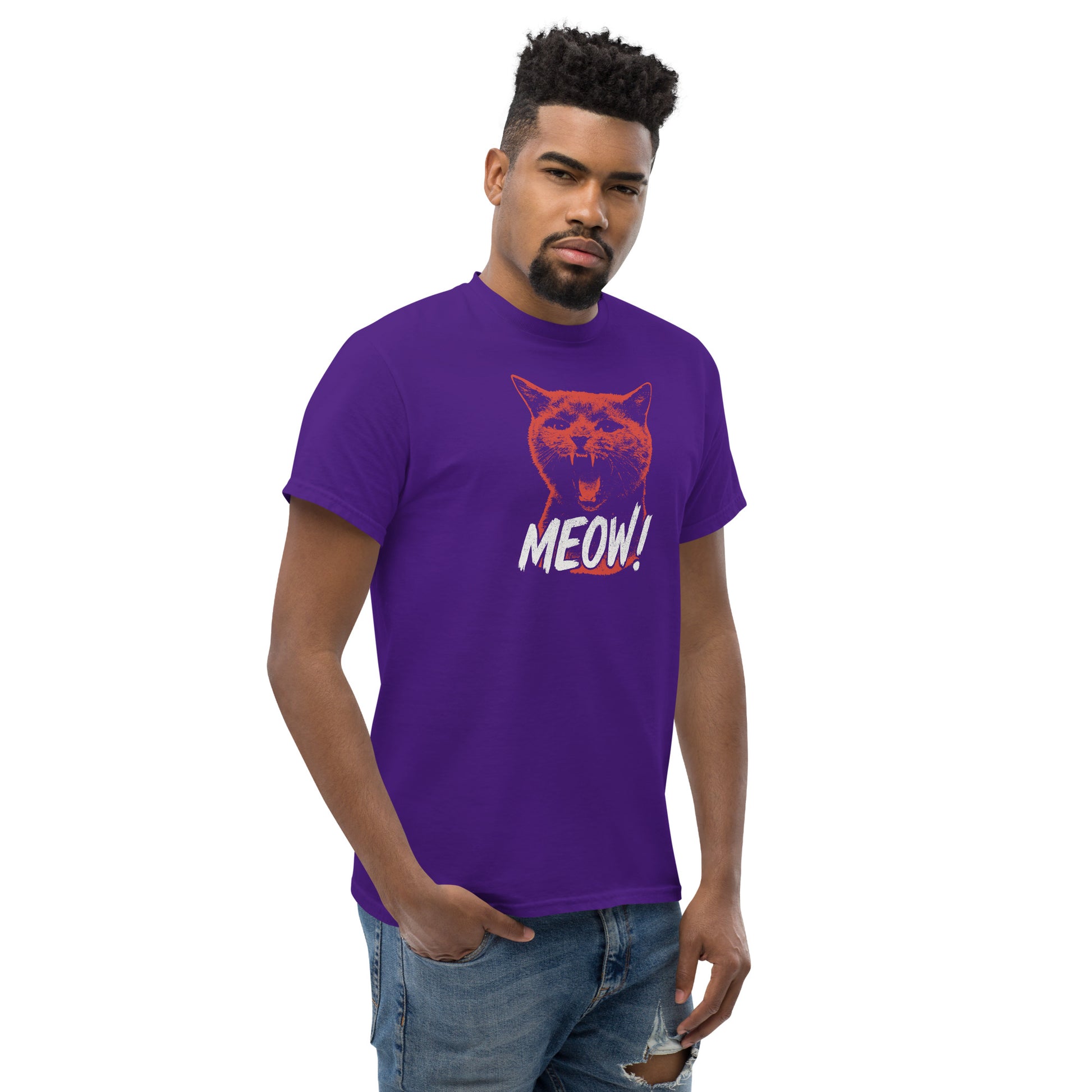 Man wearing a purple t-shirt with a cat graphic and 'MEOW!' text on a white background