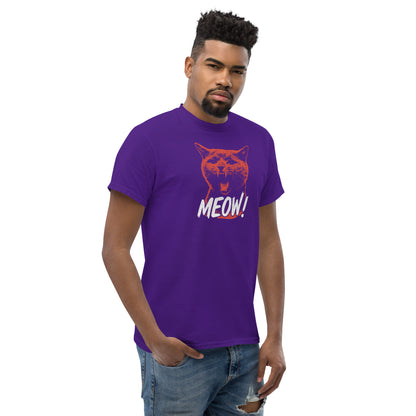 Man wearing a purple t-shirt with a cat graphic and 'MEOW!' text on a white background