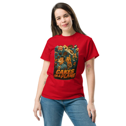 Person wearing a red t-shirt with a graphic design and text on a white background