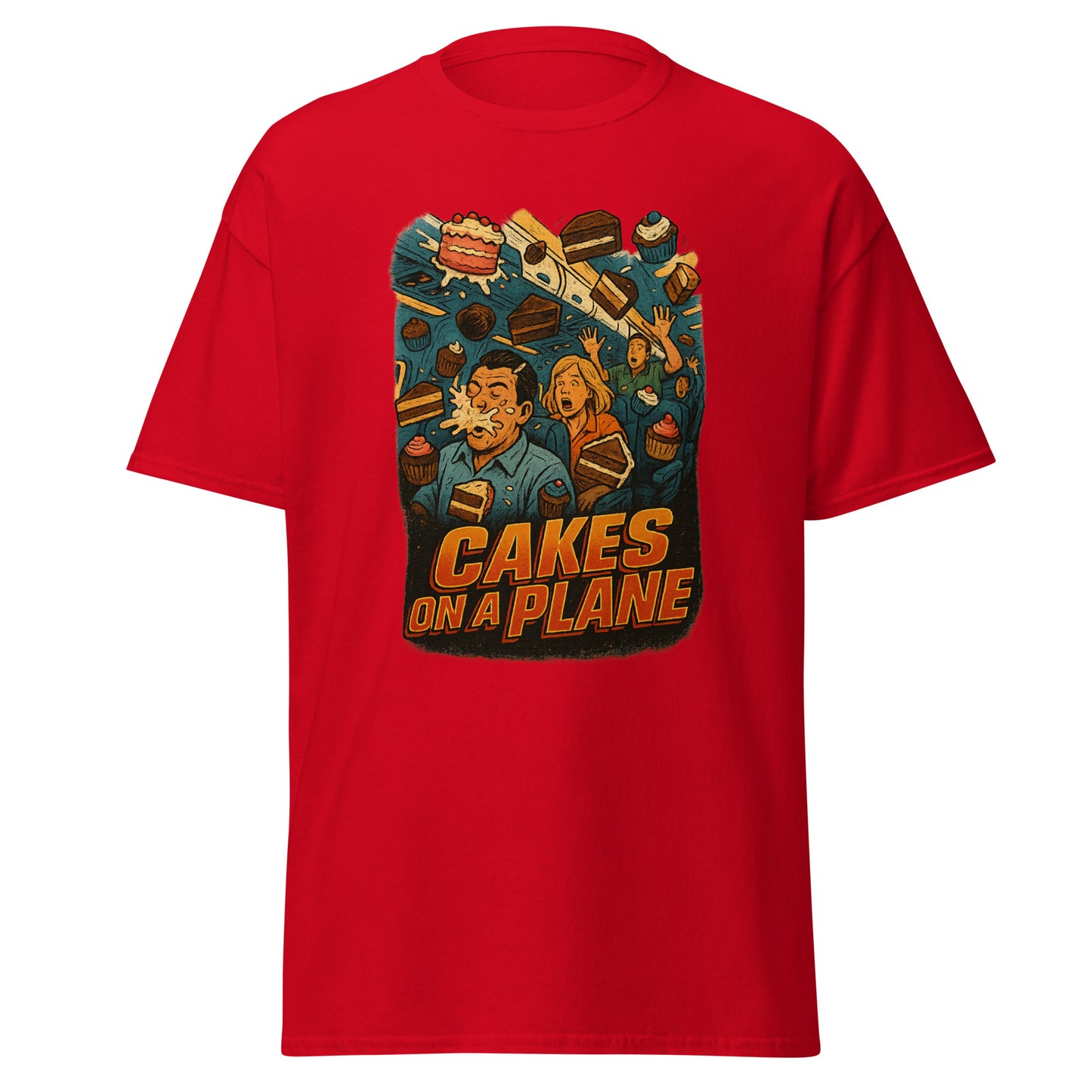 Red t-shirt with 'Cakes on a Plane' graphic design on a white background